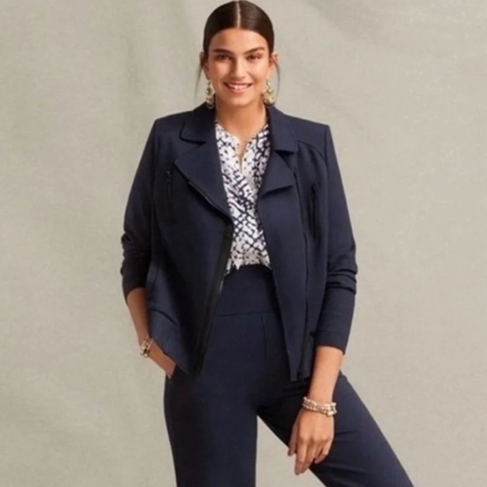 Cabi Chance Moto Jacket Mixed Media Dark Navy Blue #5476 Sz S - Picture 4 of 13
